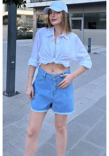 WeShaya Kadın Mavi Püsküllü Paça, Yüksek Bel, Rahat Denim-kot Şort Açık Mavi