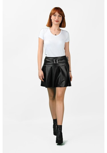 Deri Görünümlü Pileli Mini Etek 001