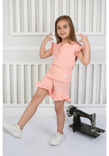 Fırfır Detaylı Şortlu Yazlık Kız Çocuk Takım Pudra