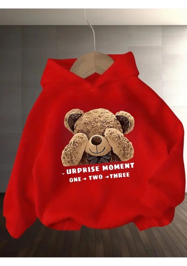 Kışlık Kapüşonlu Sweatshirt, Çocuk Ayı Suprise Baskılı Kırmızı