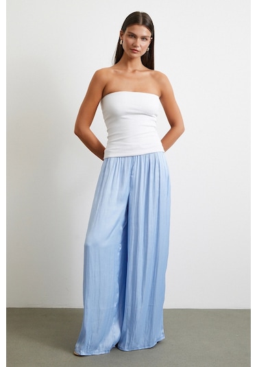 Never More Beli Lastikli Geniş Paça Büzgülü Pantolon Mavi Mavi