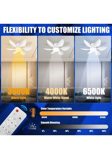 Xuweiwei 46 Cm Beyaz 40w 46 0cm 51 99cm Uzaktan Kumandalı 6 Yapraklı Led Tavan Vantilatörü Işığı E26 E27 3 Renk 3 Hız Ayarlı