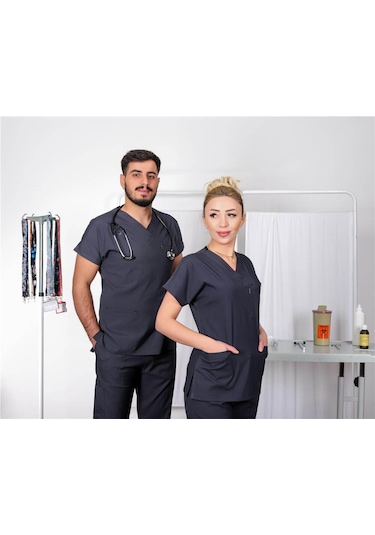 Likralı Cerrahi Forma Unisex Hemşire Doktor Sağlıkçı Forması Scrubs Üniforma Antrasit