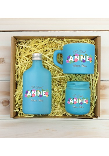 Bk Gift Kişiye Özel İsimli Dtf Anne Temalı Turkuaz Kahve Fincanı & Kolonya & Mum Hediye Seti-3, Anneye Hediye, Anneler Günü Hediyesi Kobitmeyencom3098