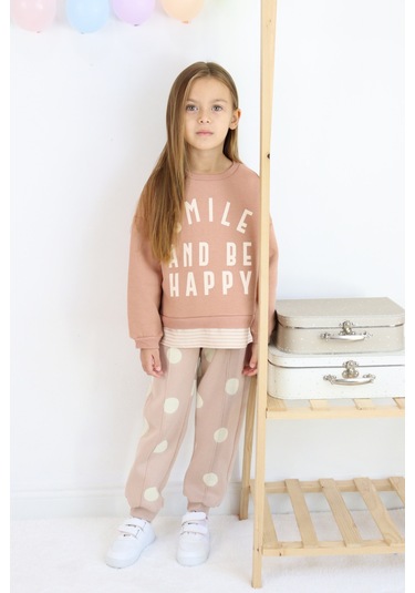 Kız Çocuk Smile And Happy Baskılı Kalın Eşofman Takımı Açık Kahverengi