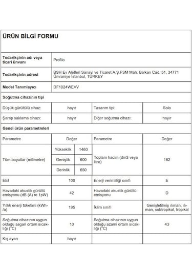 Profilo DF1024WEVV 182 L 6 Çekmeceli Derin Dondurucu