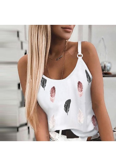 Beyaz Yeni Kadın Moda Yaz Rahat Tüy Baskı Spagetti Sapanlar Kolsuz Tank Tops Beyaz Yeni Kadın Moda Yaz Rahat Tüy Baskı Spagetti Sapanlar Kolsuz Tank Tops