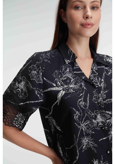 Anıl 9895 Yarım Kollu V Yaka Kadın Viskon Çiçek Desenli Yazlık Dokuma Dantel Detaylı Pijama Takımı 001