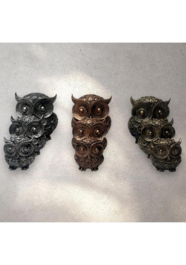 Dekoratif Polyester Üçlü Baykuş Biblo Set Gold Eskitme