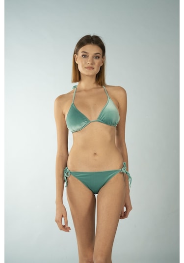 Estiva Parlak Üçgen İpli Bikini Takımı - Yeşil Kadife Çok Renkli