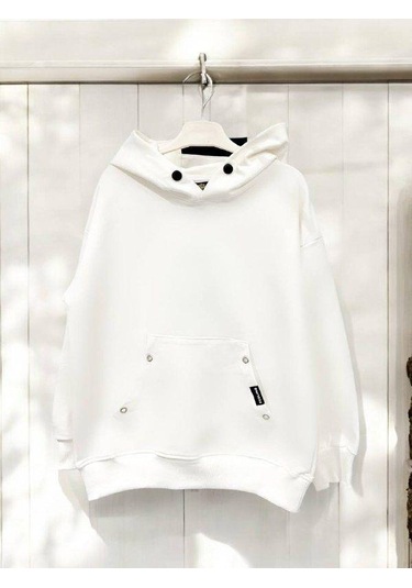 Çocuk Çıtçıt Detaylı Kapüşonlu Pamuklu Sweatshirt-14837 Ekru