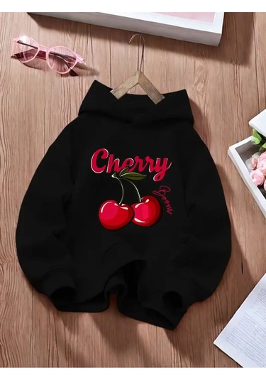 Kışlık Kapüşonlu Sweatshirt, Çocuk Cherry Baskılı SiYAH