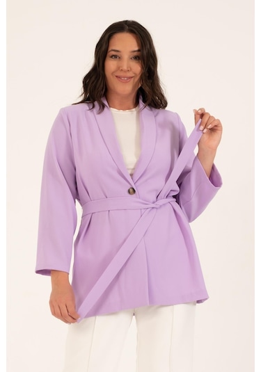 Kuşak Detaylı Salaş Ceket-1749-lila Lila