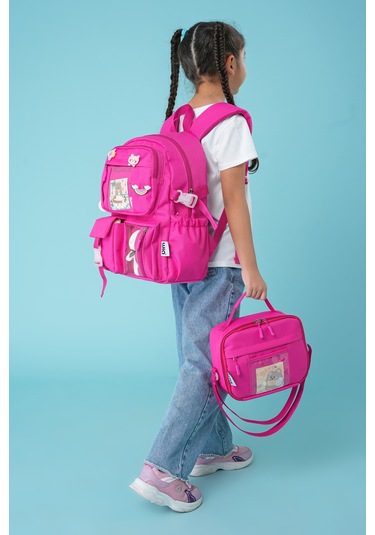 Wia Kawaii Kore Tarzı Ayıcıklı İlkokul Ve Beslenme Çantası Fuşya
