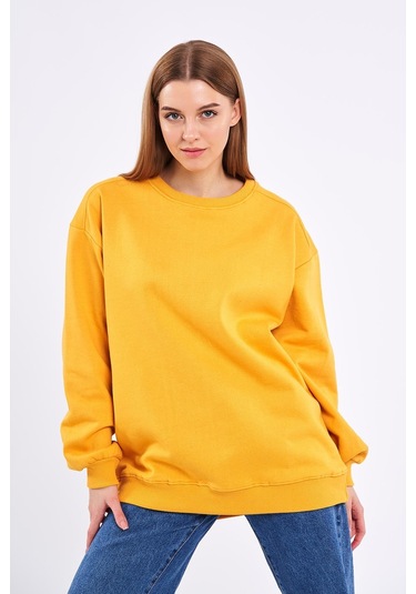 MMetalic Sarı Kadın Pamuklu Oversize Basic Bisiklet Yaka Sweatshirt Sarı