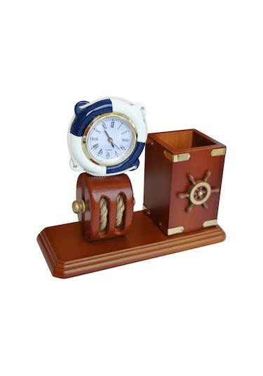 Marin Ahşap Masa Üzeri Kalemlik ve Can Simidi Çerçeveli Saat