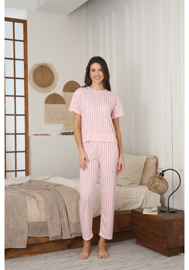 Kadın Yazlık Kısa Kol Penye Süprem Kumaş Pijama Takımı Pembe Çizgili