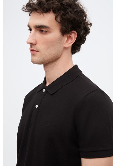 Ds Damat Regular Fit Siyah Pike Dokulu %100 Pamuk Kıvrılmaz Polo Yaka Nakışlı T-shirt 4HC14ORT51000 Siyah