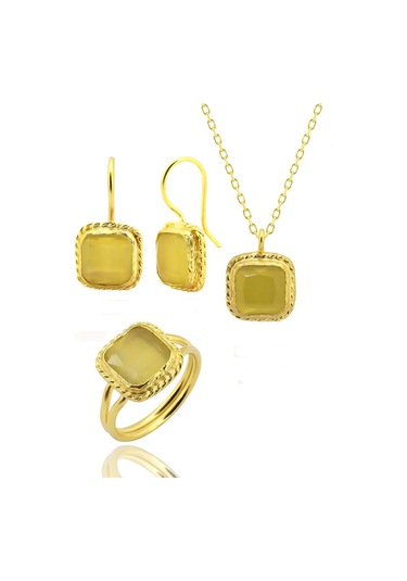 Beyisa Güneş Taşı Serisi Sarma Kare Kesim Sarı Renkli 22 Ayar Altın Kaplama Kadın Set