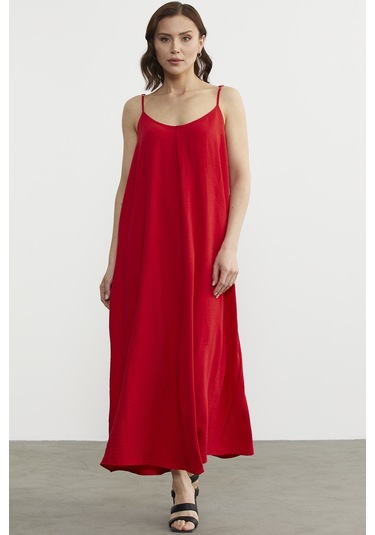 Ayarlanabilir Askılı Uzun Krep Elbise - Kırmızı 001