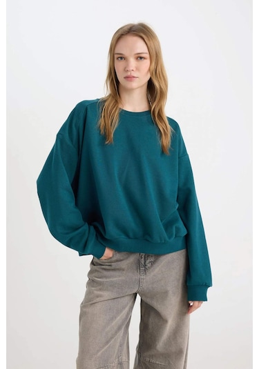 DeFacto Coool Oversize Geniş Kalıp Bisiklet Yaka Basic Düz Kalın Kumaş İçi Yumuşak Tüylü Sweatshirt D9022AXNSGN1040 Yeşil