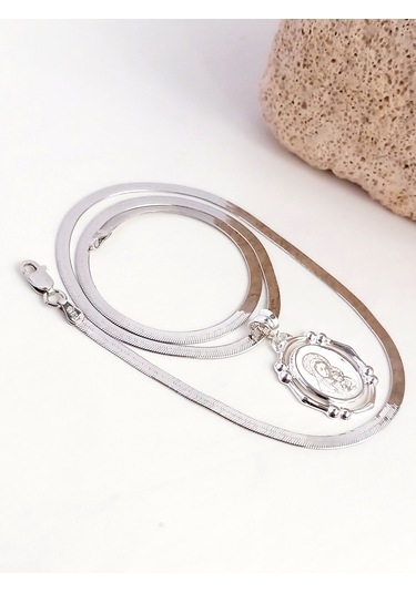 Gümüş Marıa Madalyon Tasarım Kolye Yılan Zincir Kadın Kolye