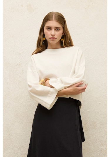 Manuka Pamuklu Geniş Kol Crop Bluz Ekru