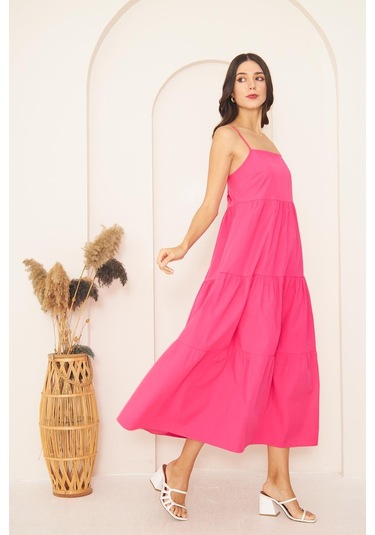 Fuşya İnce Askılı Katlı Elbise Dm1034 Fuşya