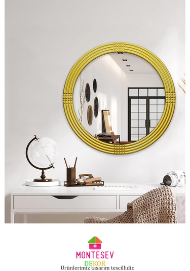 Afir Ahşap Gold Yuvarlak Ayna Işlemeli Duvar Banyo Aynası 69 Cm Gold