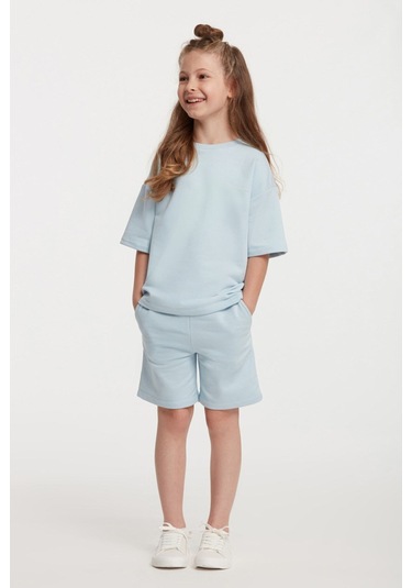 Calı Kız Çocuk Bisiklet Yaka Mavi Eşofman Takımı