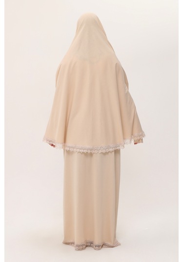 Bej İki Parça Namaz Elbisesi Pamuk Kumaş Dantelli 2205 12 Bej