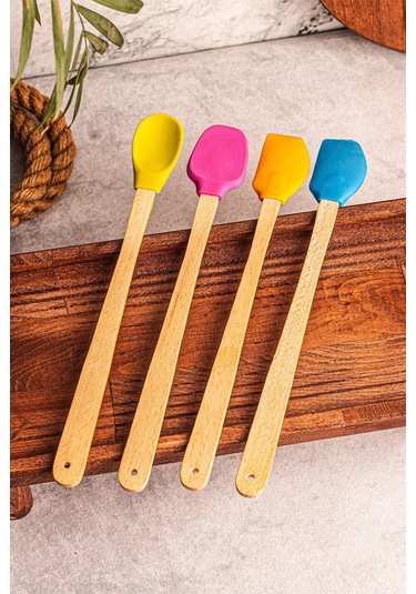 4'lü Yanmaz Yapışmaz Renkli Silikon Başlıklı Ahşap Spatula Seti Çok Renkli