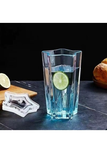 Beş Köşeli Yıldız Cam Renkli Gradyan Bardak, Yüksek Görünümlü Pipetli Bardak Daohjp MAvi