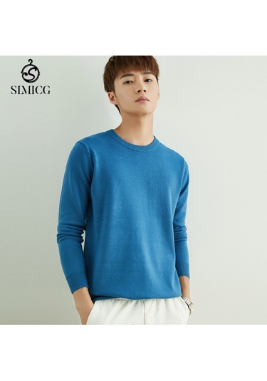 Sonbahar Yeni Yuvarlak Yakalı Düz Renk Uzun Kollu Kalın Bol Erkek Kazağı Mavi