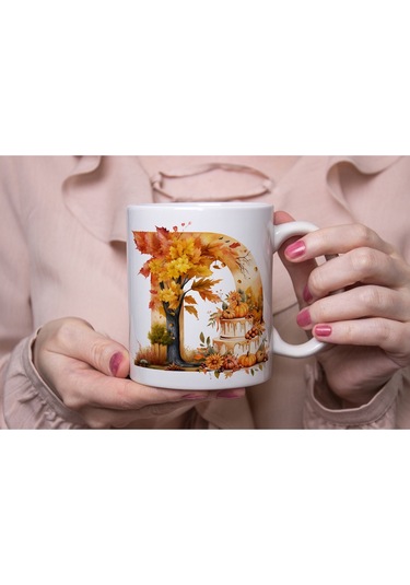 D Harf Sonbahar Yaprak Temalı Kupa Bardak - Sevimli Figürler İle Alfabe Harfli Bardak - Kişiye Özel Beyaz