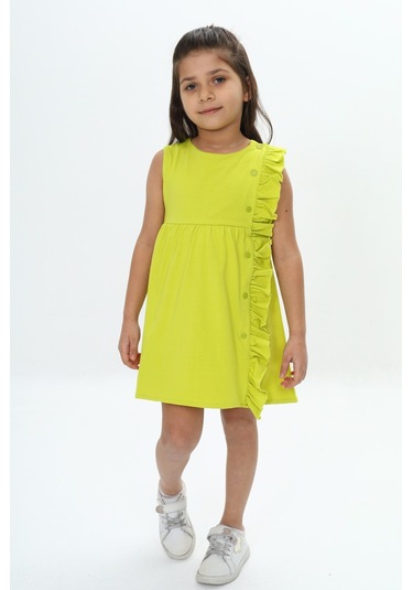 Toontoy Kız Çocuk Fırfır Ve Çıtçıt Detaylı Elbise Açık Yeşil