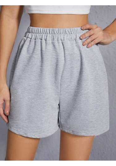 Penye Şort - Gri Basic Kısa Baskısız Kordonsuz Gri