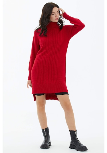 Tam Balıkçı Yaka Triko Tunik  - Kırmızı