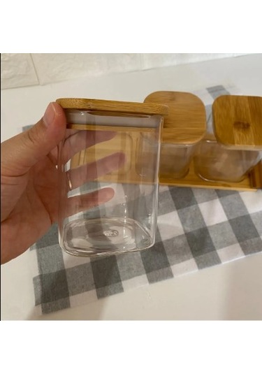 3 Lü Bambu Standlı Kare Kavanoz Seti Baharatlık Seti Baharatlık Bambu