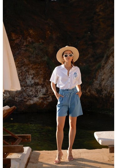 Kadın Soyut Baskılı Kısa Kollu Gömlek Frn6003 Mavi