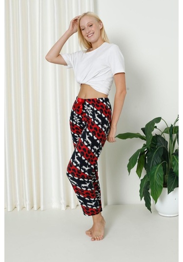 Luxury Soft Welsoft Polar Desenli Kurdeleli Kışlık Pijama Altı Pantolon Lacivert Kırmızı Lacivert - Kırmızı