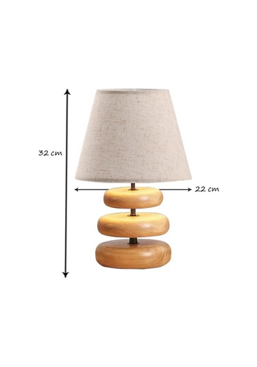 Afro Masif Ahşap Ayaklı Krem Keten Kumaş Şapkalı Dekoratif Abajur Keten