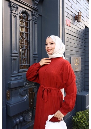 Kadın Kremit Boydan Düğmeli Yarasa Kol Kuşaklı Lara Keten Uzun Tesettür Elbise Kremit Kiremit