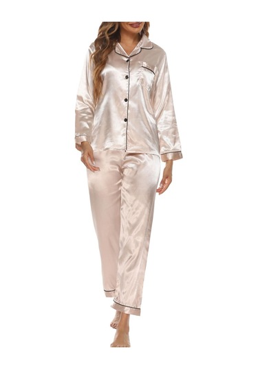 Kadın Pijama Takımı Uzun Kollu Çentikli Yaka Düğmeli Yumuşak Saten Pijama - Açık Bej