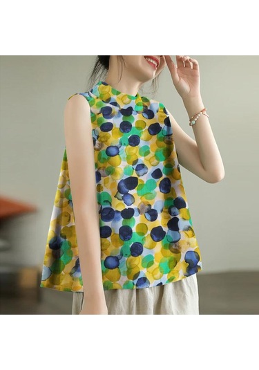 Zanzea Kadın Günlük O-boyun Baskılı Kolsuz Atlet Sarı