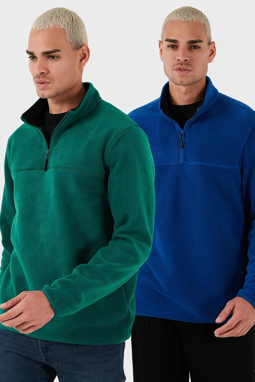 Buratti Regular Fit Anti-Pilling Tüylenme Yapmayan Dik Yaka Şardonlu 2'Li Paket Erkek Polar 5896700S2 Saks-Yeşil