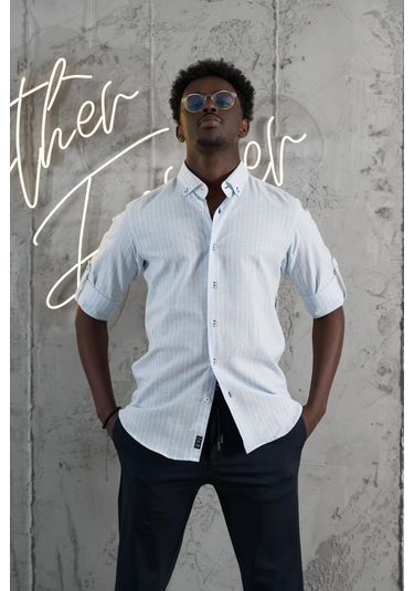 Advante Çizgili Yaka Düğmeli Katlamalı Kol Pamuklu Slimfit Yazlık Keten Gömlek Mavi