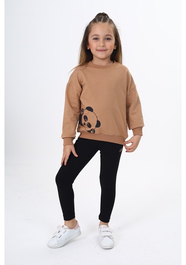 Toontoy Kız Çocuk Baskılı Taytlı Takım Kahverengi