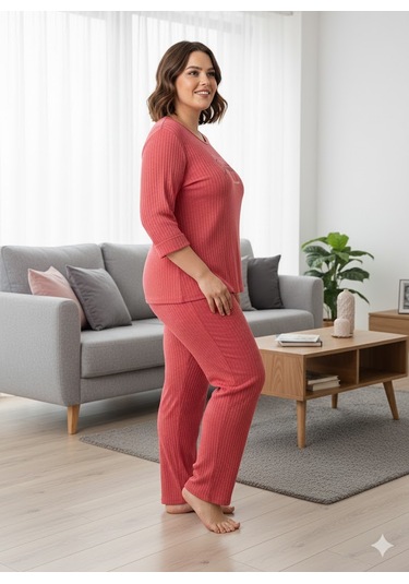 Kadın Büyük Beden Pijama Takımı Pembe