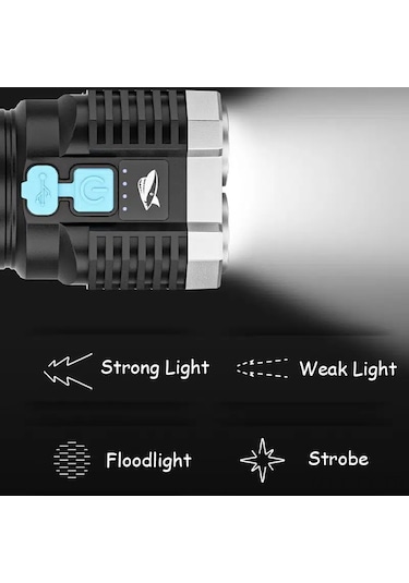 Teltree Dört Led Işık Ve Cob Yan Lambalı Usb Şarjlı El Feneri, Yüksek Parlaklık, 4 Seviye Aydınlatma, Outdoor Ve Ev Kullanıma Uygun Siyah